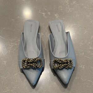 Open Edit Blue Pointed-Toe Slip-On Mules with Decorative Rope-Link Accent